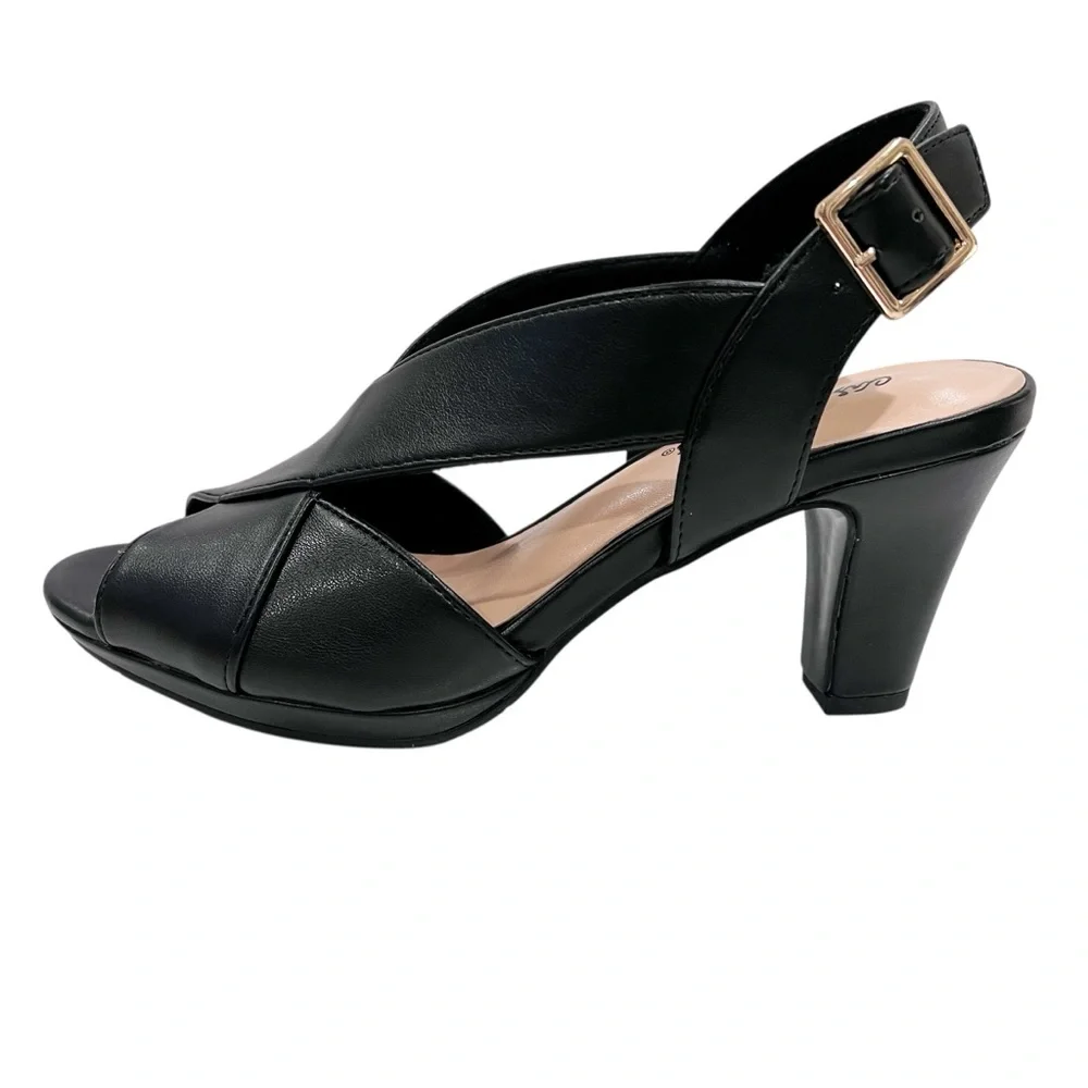 Easy Street Christy Slingback Heeled Sandals Cross Strap Buckle 7.5 Black NEW - Picture 9 of 16